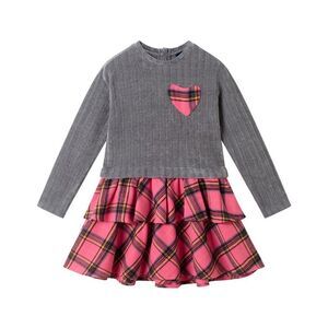 Andy & Evan Girls  Chenille/Plaid Flannel 2Fer Dress, Grey